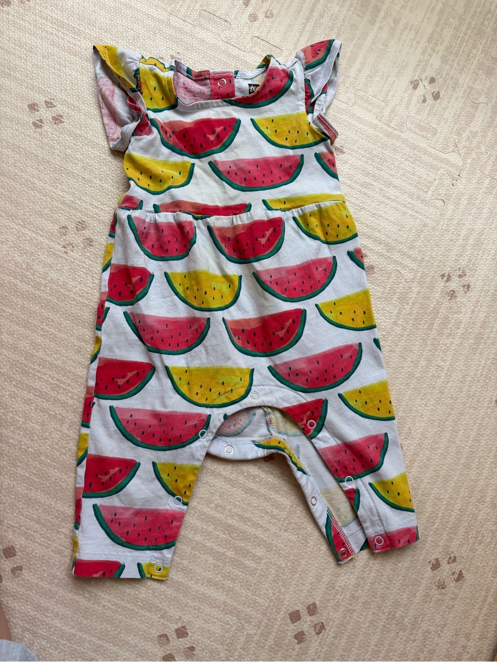 Tea Collection Watermelon Print Romper - White, Pink & Yellow